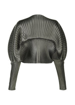 A detail shot of the Issey Miyake GLOSSED METAL PLEATS cardigan.