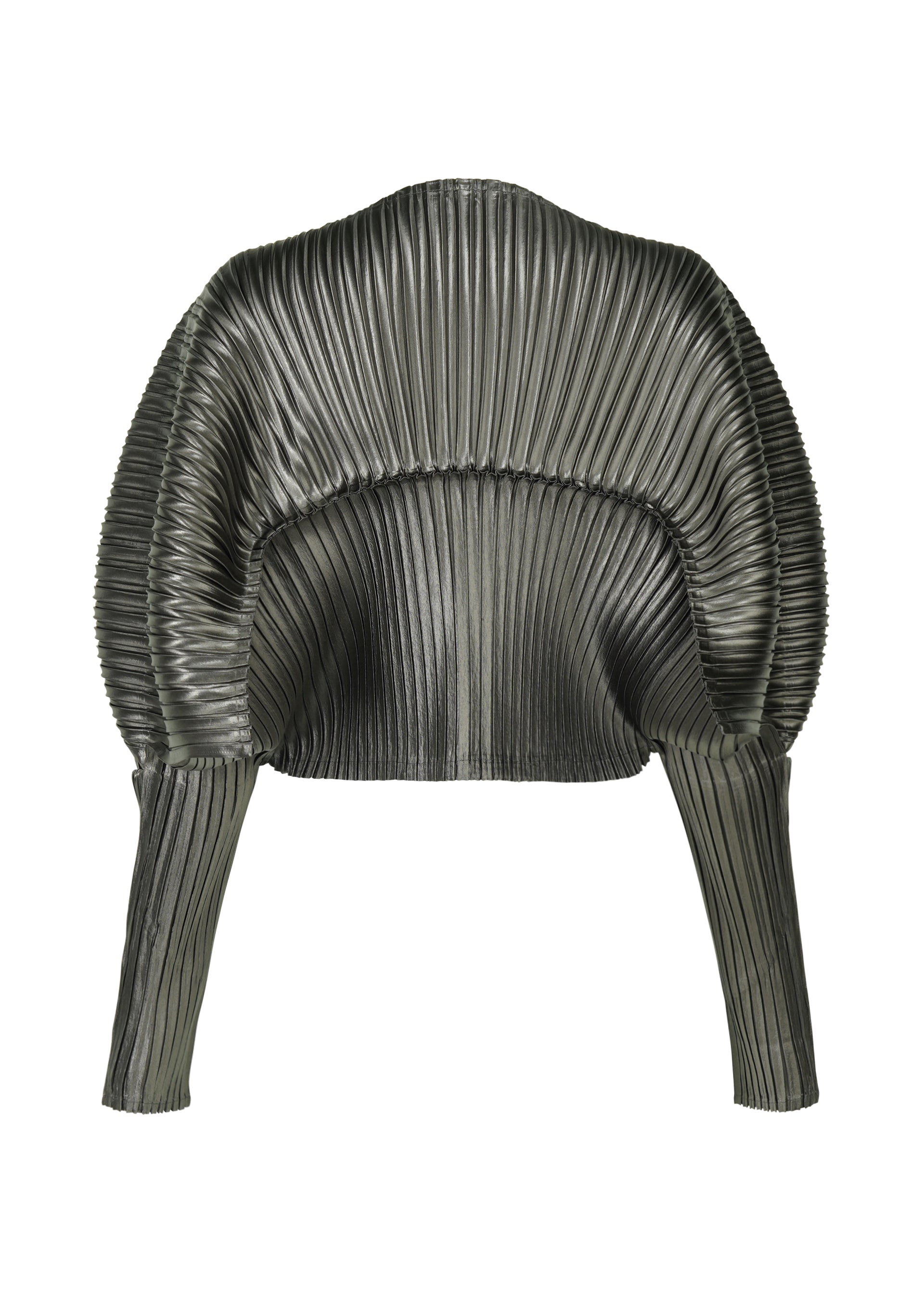 A detail shot of the Issey Miyake GLOSSED METAL PLEATS cardigan.