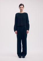 A model wears the Issey Miyake SHIFTED MISTY PLEATS cardigan.