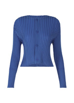 A product shot of the ISSEY MIYAKE FOLD PLEATS cardigan in blue (72).