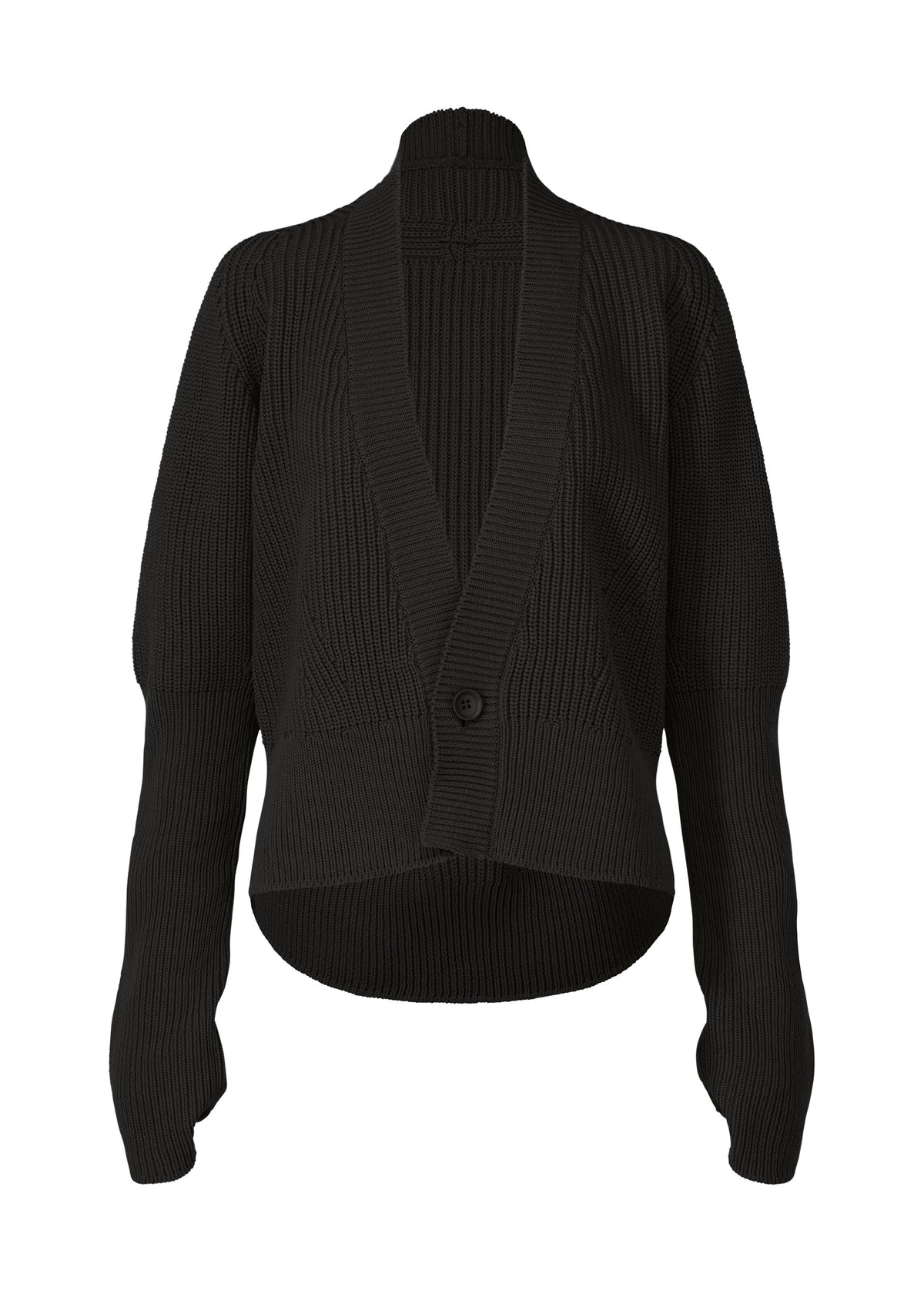 A product shot of the ISSEY MIYAKE DISPLACED KNIT cardigan in black (15).