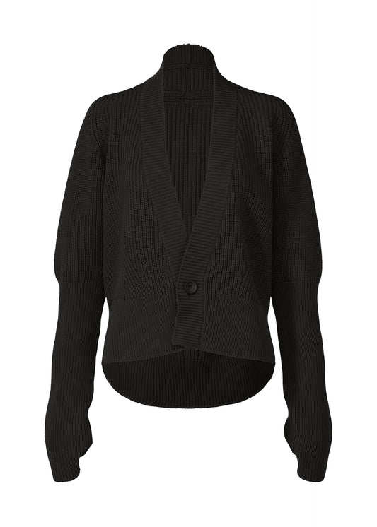 A product shot of the ISSEY MIYAKE DISPLACED KNIT cardigan in black (15).