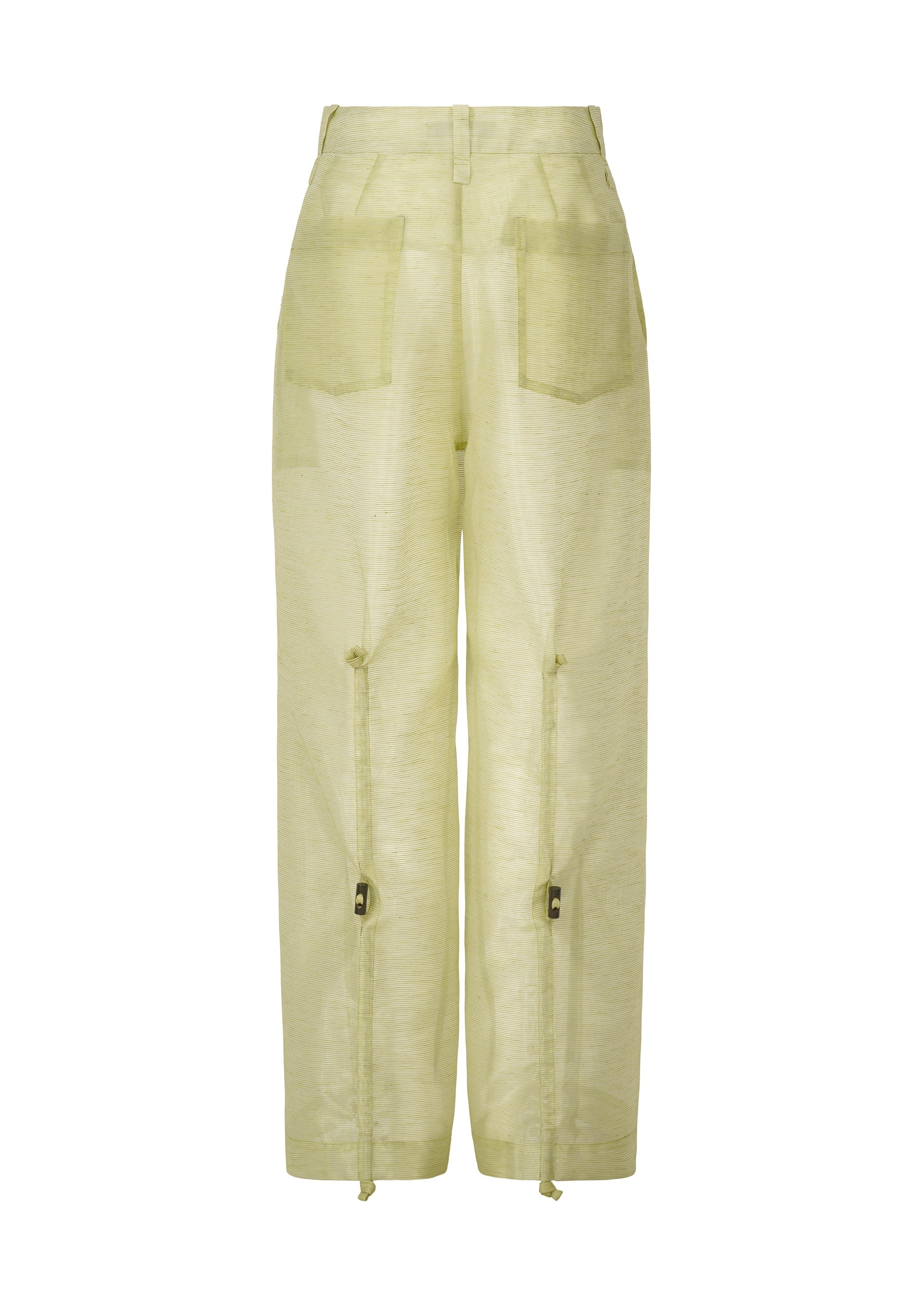 A detail shot of the Issey Miyake DRAW TO FORM pants.