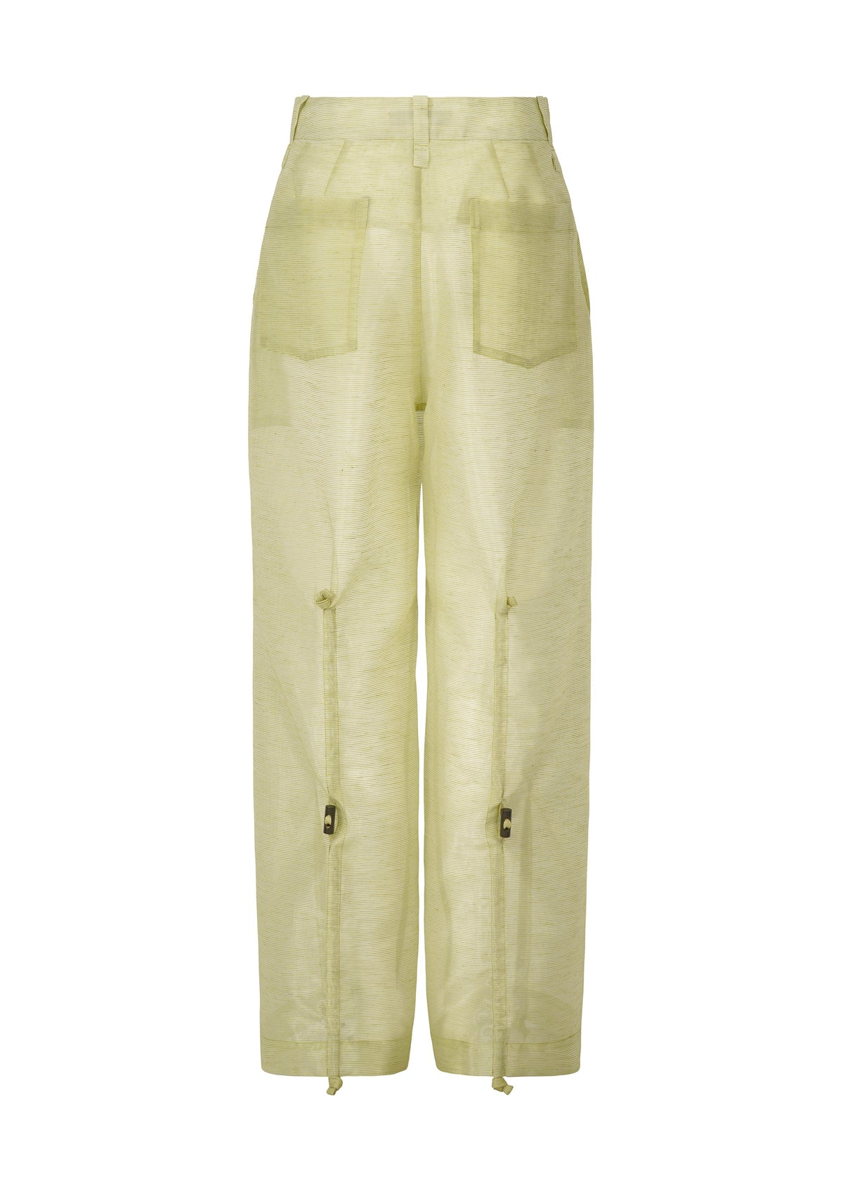 A detail shot of the Issey Miyake DRAW TO FORM pants.