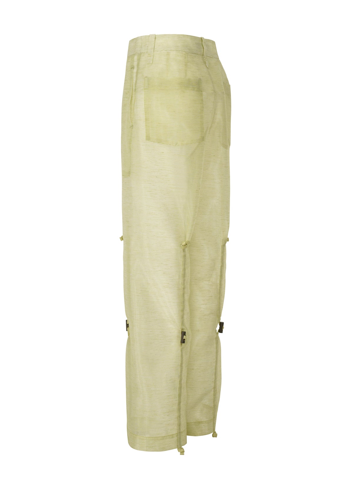 A detail shot of the Issey Miyake DRAW TO FORM pants.