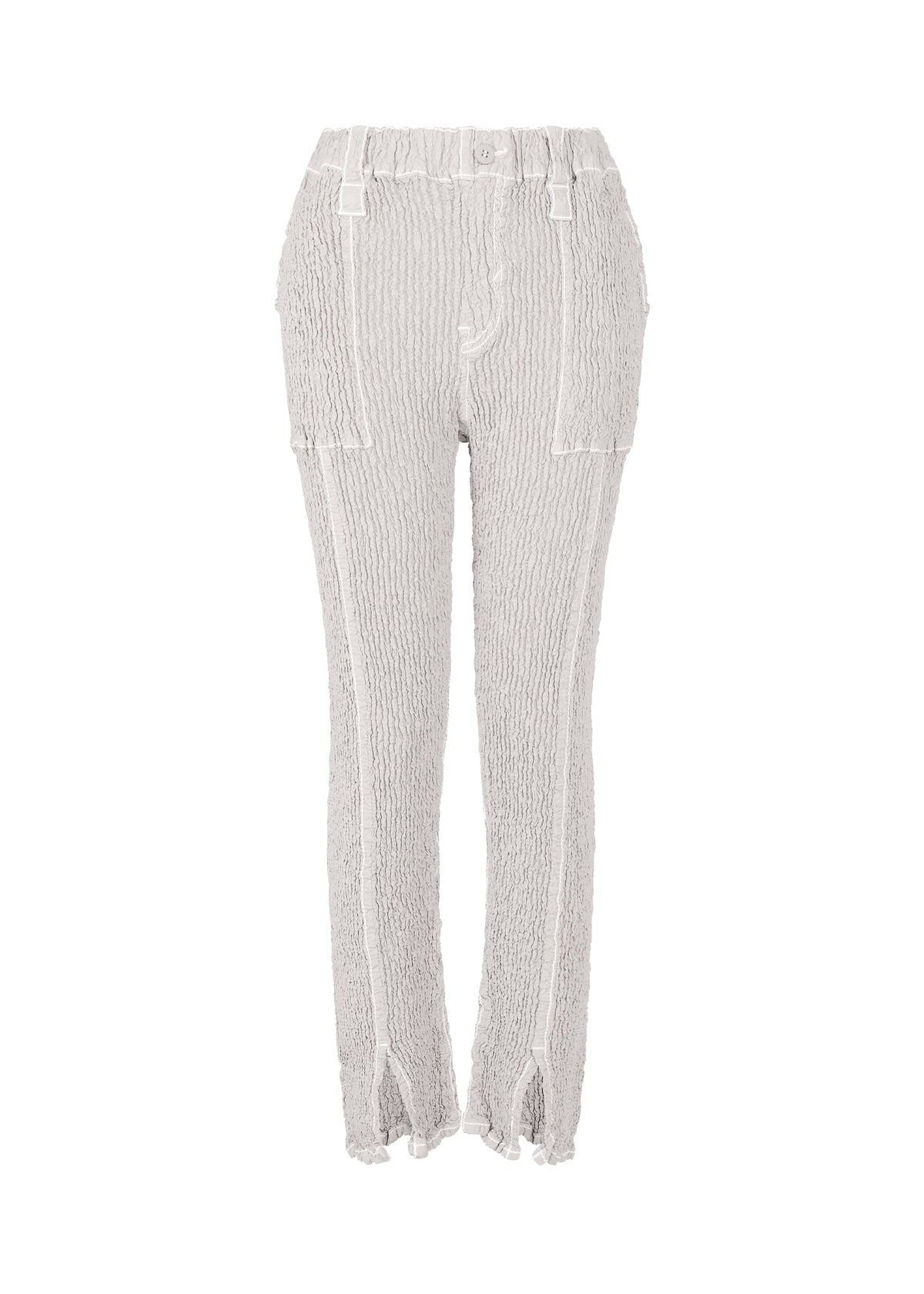A product shot of the ISSEY MIYAKE WAVELET ENSEMBLE pants in grey (11), recurring_style.