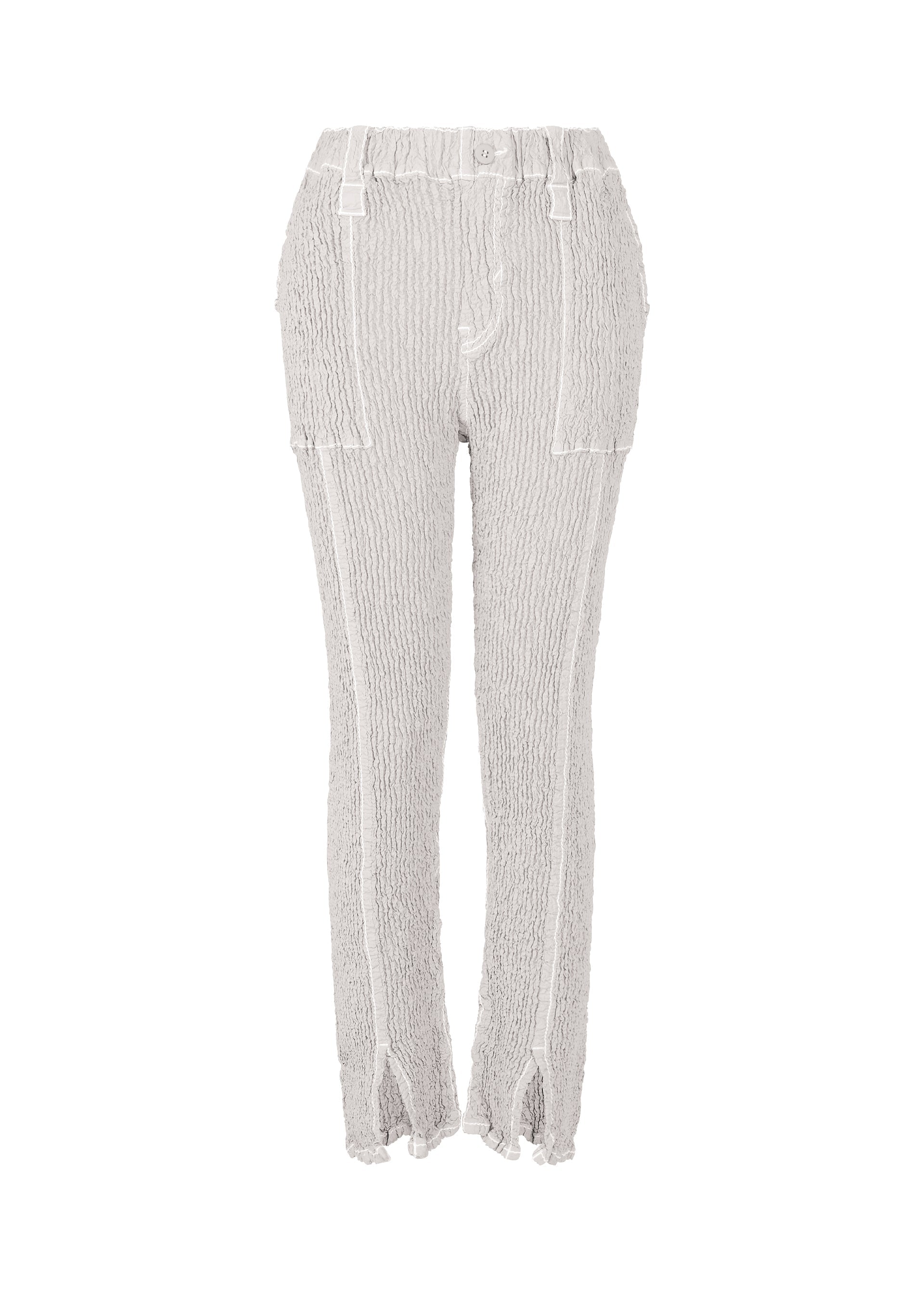 A product shot of the ISSEY MIYAKE WAVELET ENSEMBLE pants in grey (11), recurring_style.