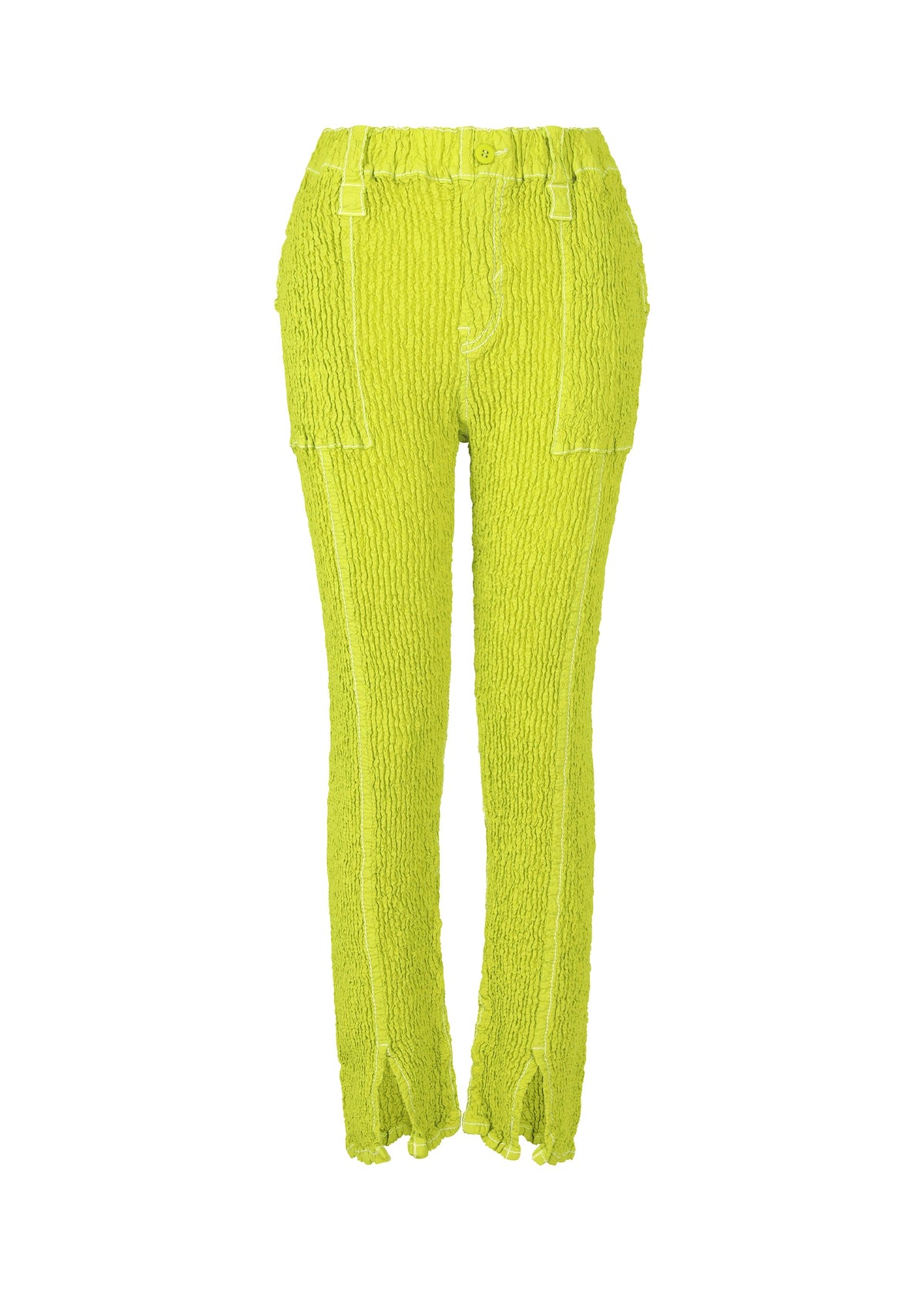 A product shot of the ISSEY MIYAKE WAVELET ENSEMBLE pants in green (64), recurring_style.
