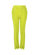 A product shot of the ISSEY MIYAKE WAVELET ENSEMBLE pants in green (64), recurring_style.