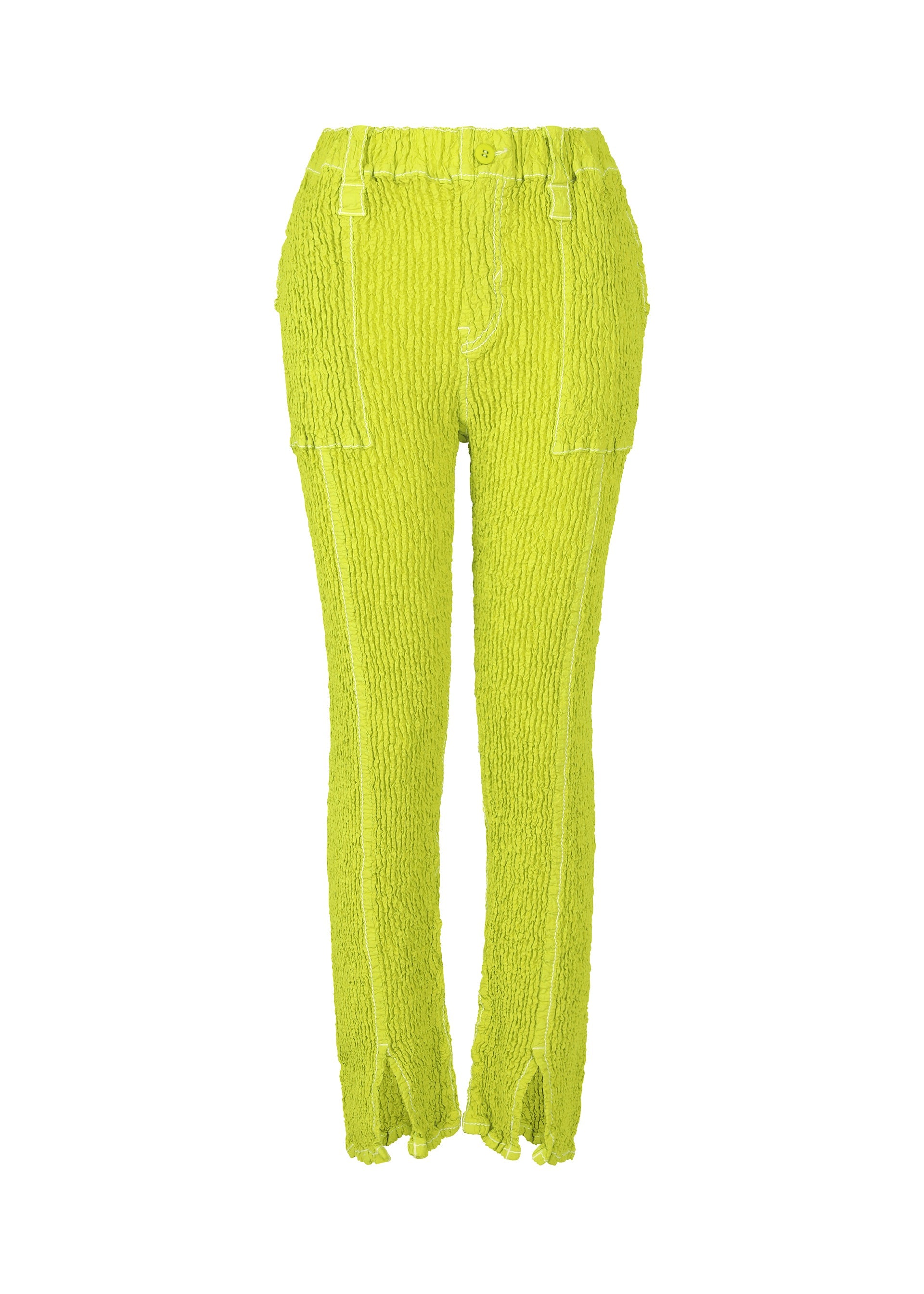 A product shot of the ISSEY MIYAKE WAVELET ENSEMBLE pants in green (64), recurring_style.