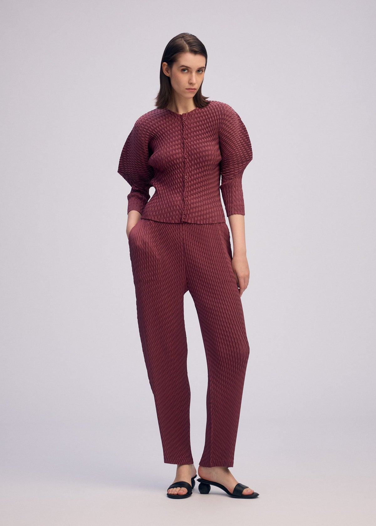 A model wears the ISSEY MIYAKE SLEEK PLEATS sleek-pleats-pants-grey.