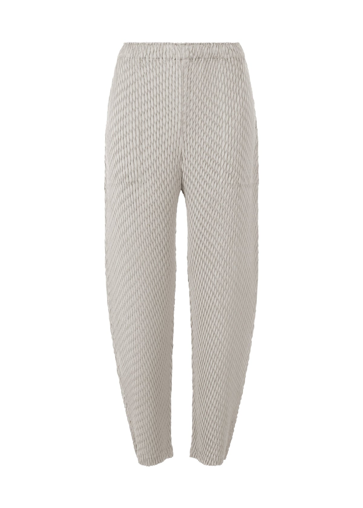 A product shot of the ISSEY MIYAKE SLEEK PLEATS pants in light gray.
