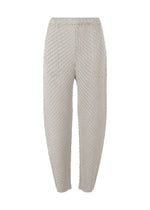 A product shot of the ISSEY MIYAKE SLEEK PLEATS pants in light gray.