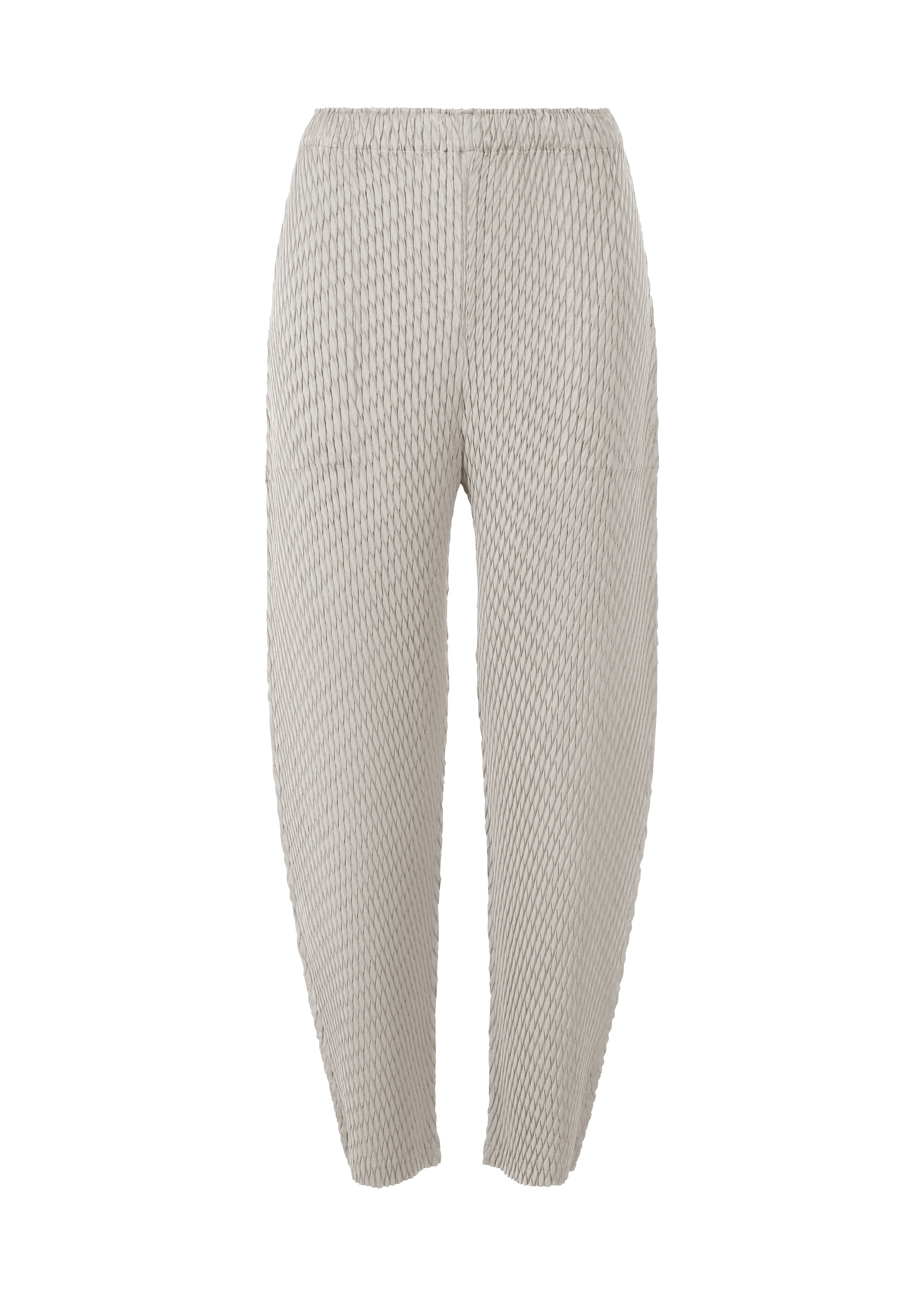 A product shot of the ISSEY MIYAKE SLEEK PLEATS pants in light gray.