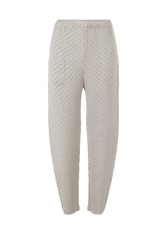 A product shot of the ISSEY MIYAKE SLEEK PLEATS pants in light gray.