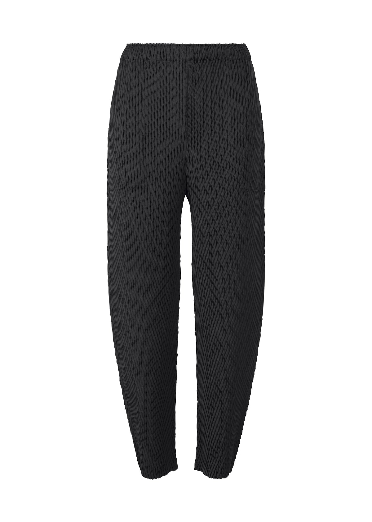 A product shot of the ISSEY MIYAKE SLEEK PLEATS trousers in black.