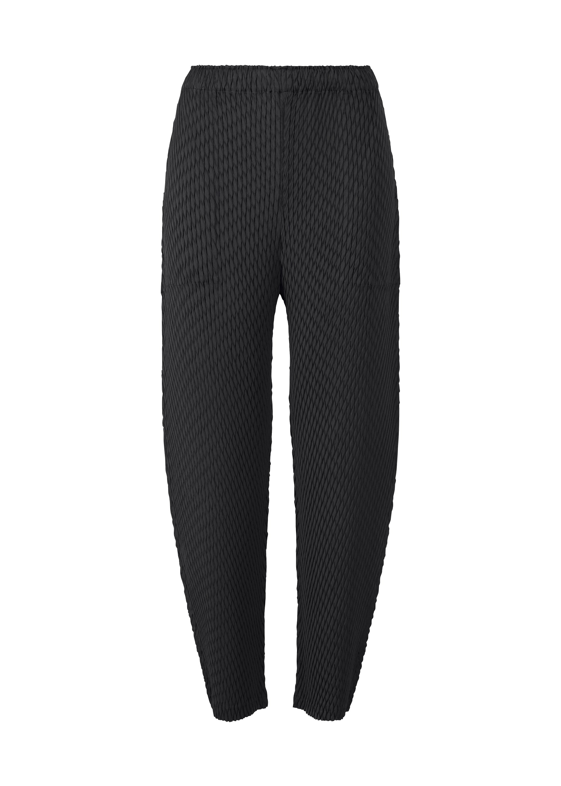 A product shot of the ISSEY MIYAKE SLEEK PLEATS trousers in black.