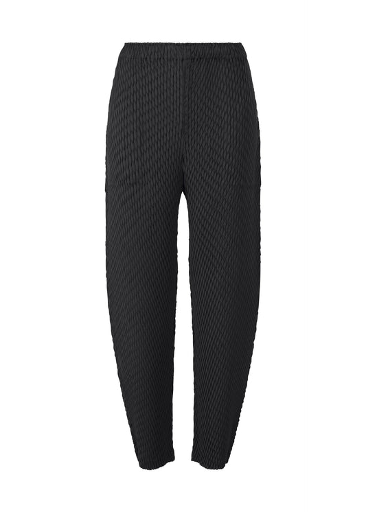 A product shot of the ISSEY MIYAKE SLEEK PLEATS trousers in black.