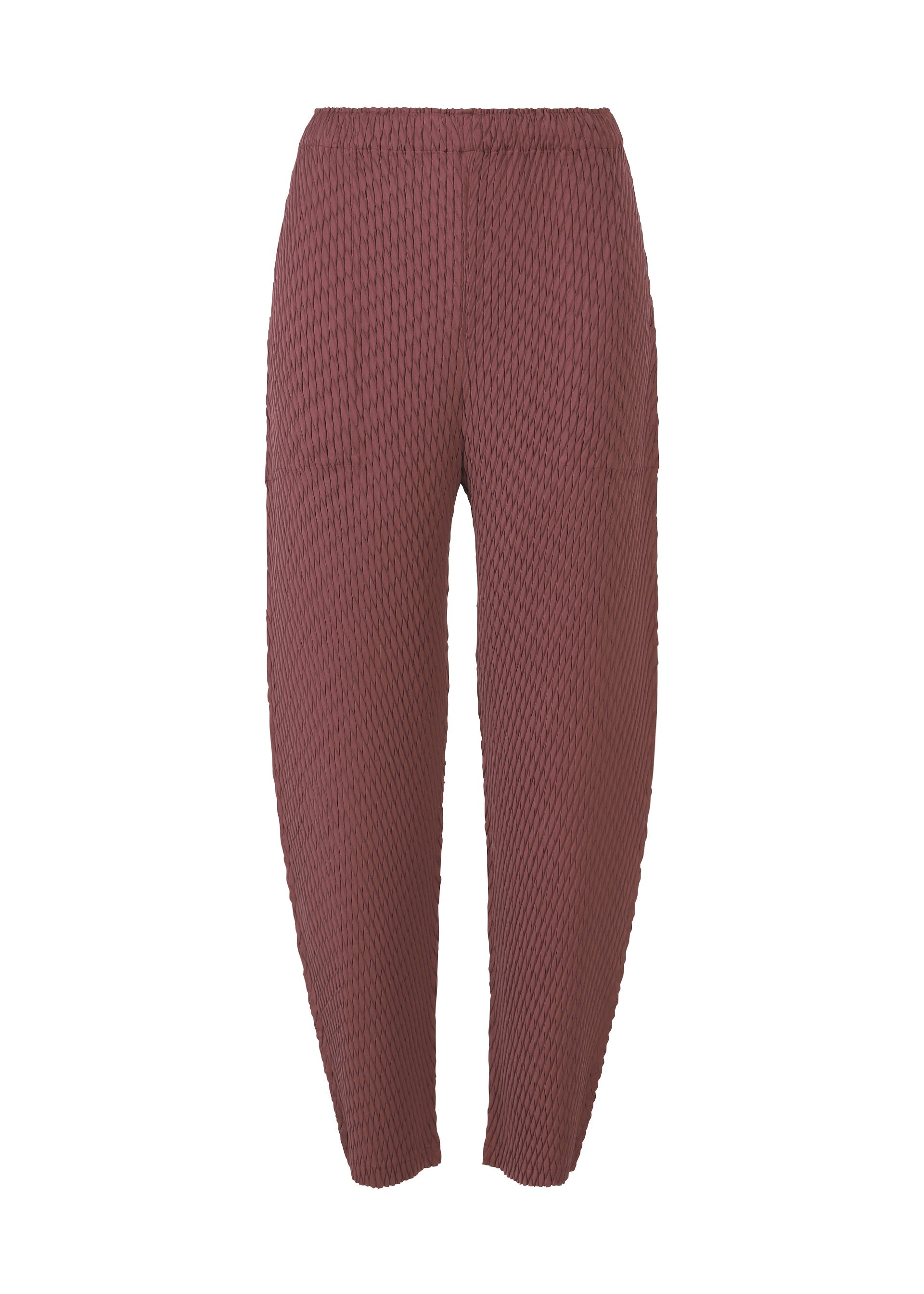 A product shot of the ISSEY MIYAKE SLEEK PLEATS trousers in burgundy.