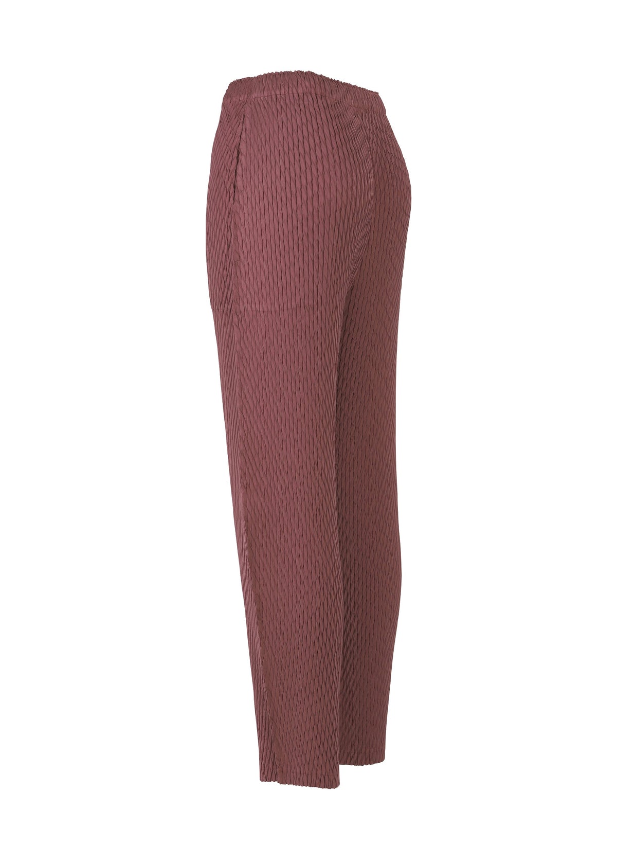 A detail shot of the ISSEY MIYAKE SLEEK PLEATS trousers.