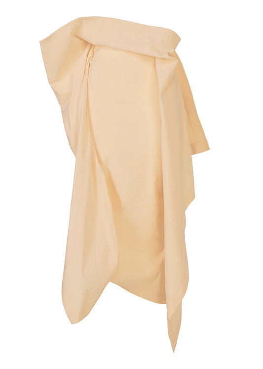 A product shot of the ISSEY MIYAKE CONCEALED skirt in beige.