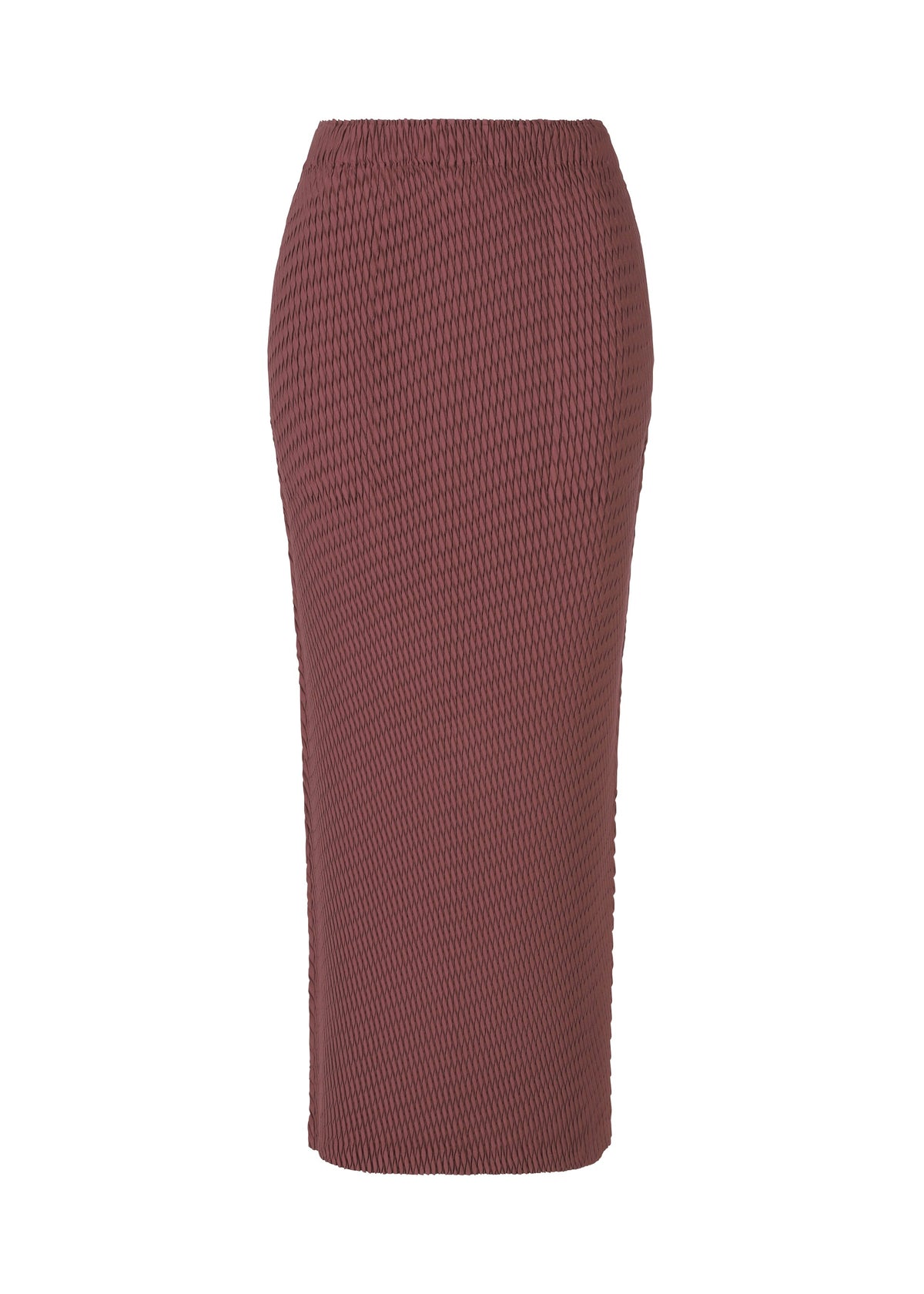 A product shot of the ISSEY MIYAKE SLEEK PLEATS skirt in burgundy.