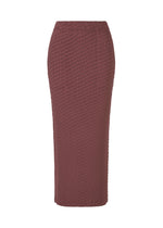 A product shot of the ISSEY MIYAKE SLEEK PLEATS skirt in burgundy.