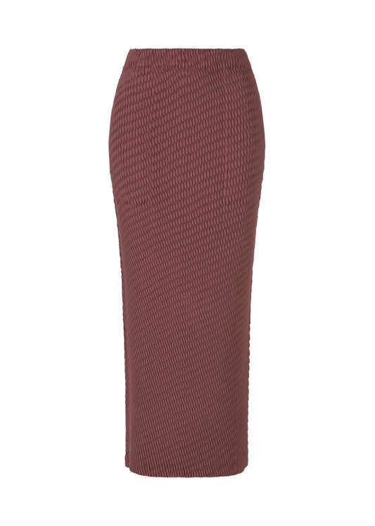 A product shot of the ISSEY MIYAKE SLEEK PLEATS skirt in burgundy.