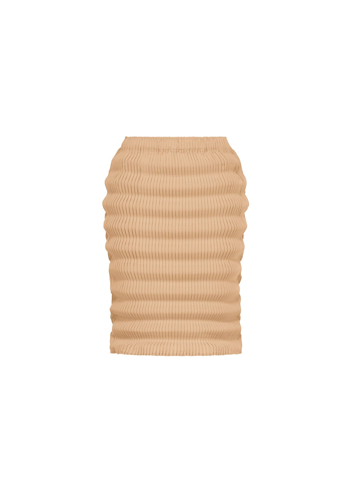 A product shot of the ISSEY MIYAKE SPRING PLEATS skirt in chukar beige.