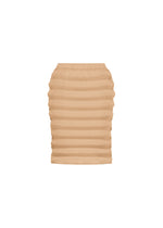 A product shot of the ISSEY MIYAKE SPRING PLEATS skirt in chukar beige.