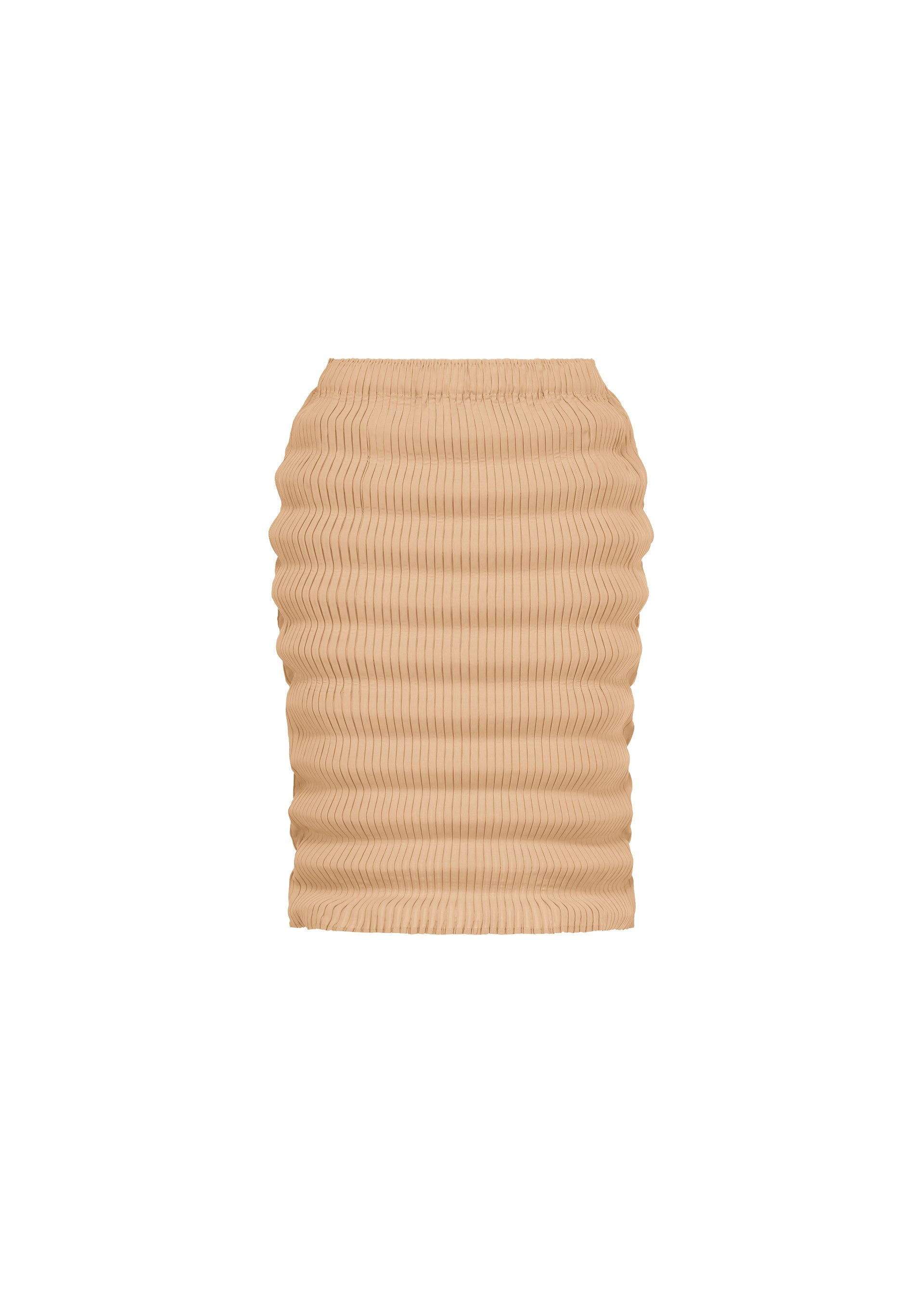 A product shot of the ISSEY MIYAKE SPRING PLEATS skirt in chukar beige.