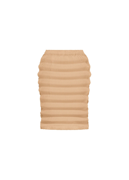 A product shot of the ISSEY MIYAKE SPRING PLEATS skirt in chukar beige.
