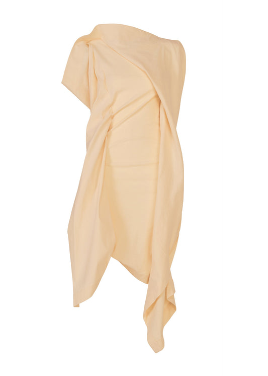 A product shot of the ISSEY MIYAKE CONCEALED dress in beige.