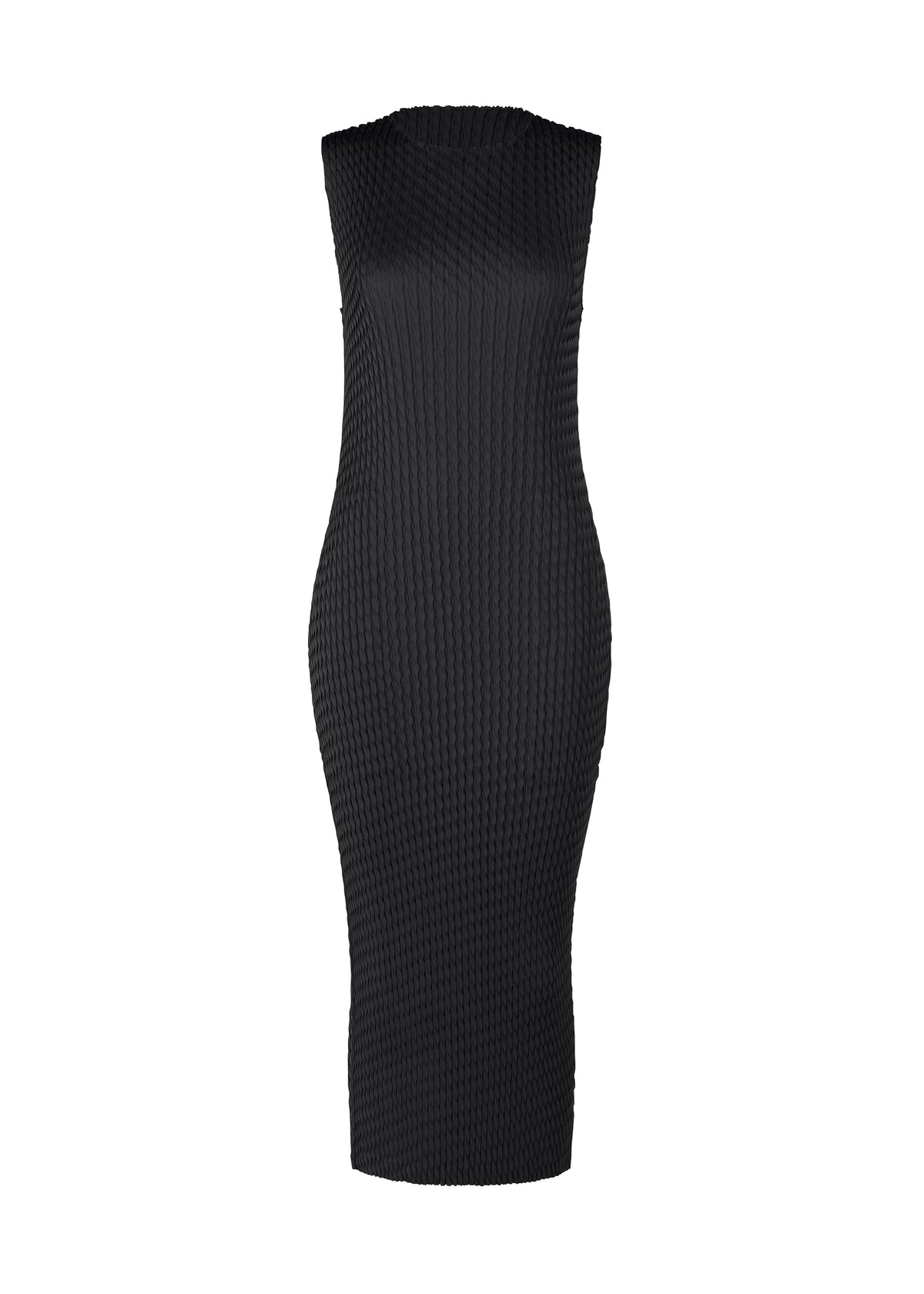 A product shot of the ISSEY MIYAKE SLEEK PLEATS dress in black.