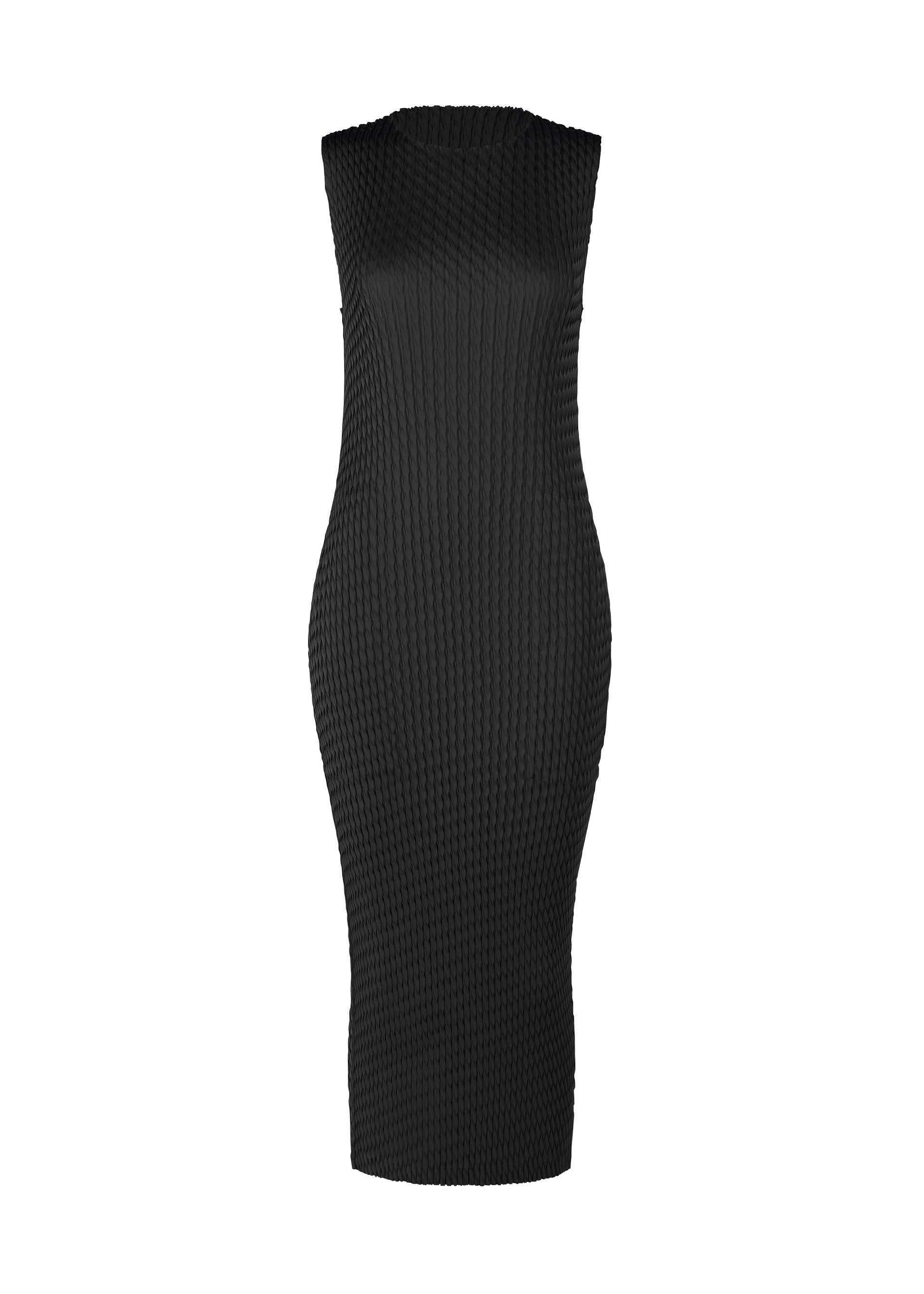 A product shot of the ISSEY MIYAKE SLEEK PLEATS dress in black.