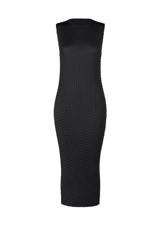 A product shot of the ISSEY MIYAKE SLEEK PLEATS dress in black.