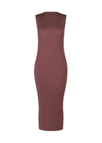 A product shot of the ISSEY MIYAKE SLEEK PLEATS dress in burgundy.