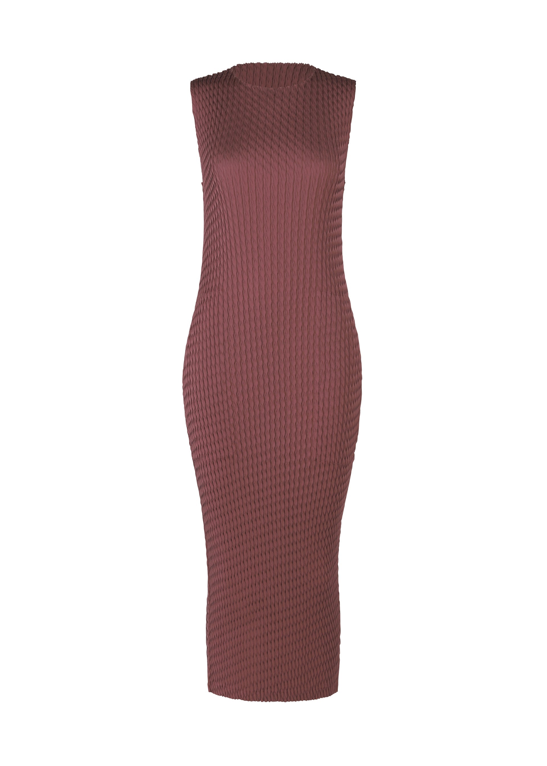 A product shot of the ISSEY MIYAKE SLEEK PLEATS dress in burgundy.