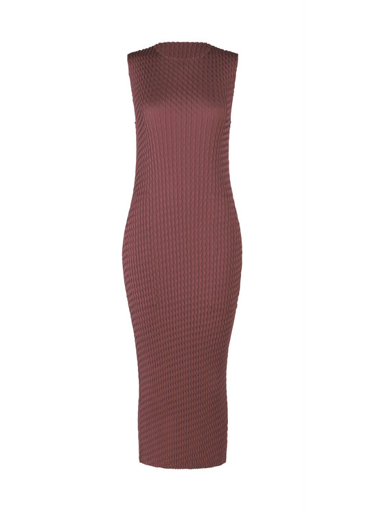 A product shot of the ISSEY MIYAKE SLEEK PLEATS dress in burgundy.