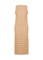 A product shot of the ISSEY MIYAKE SPRING PLEATS dress in chukar beige.