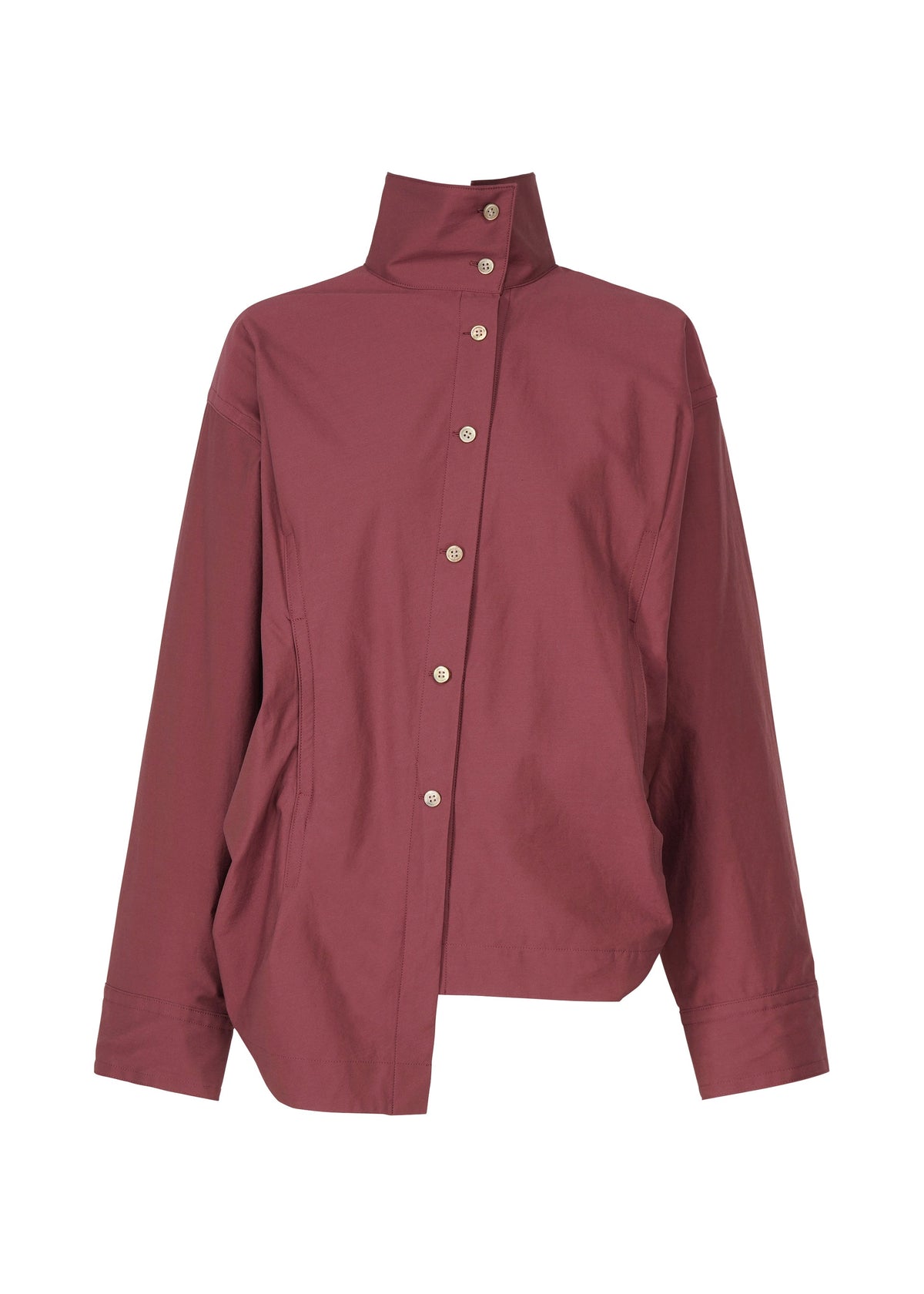 A product shot of the ISSEY MIYAKE TWISTED DRAPE shirt in purple (85), recurring_style.