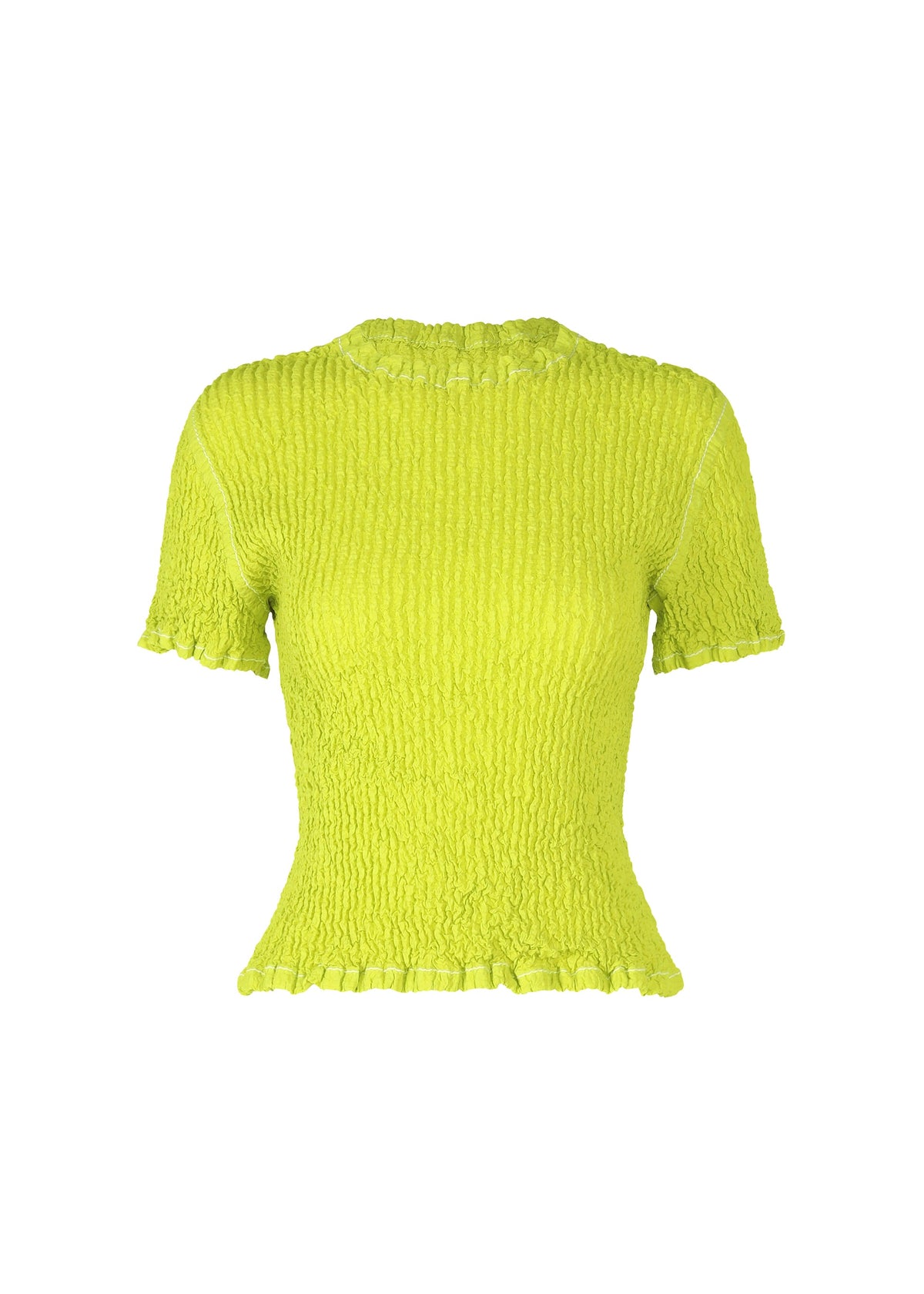 A product shot of the ISSEY MIYAKE WAVELET ENSEMBLE shirt in green (64), recurring_style.