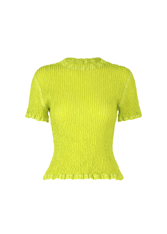 A product shot of the ISSEY MIYAKE WAVELET ENSEMBLE shirt in green (64), recurring_style.
