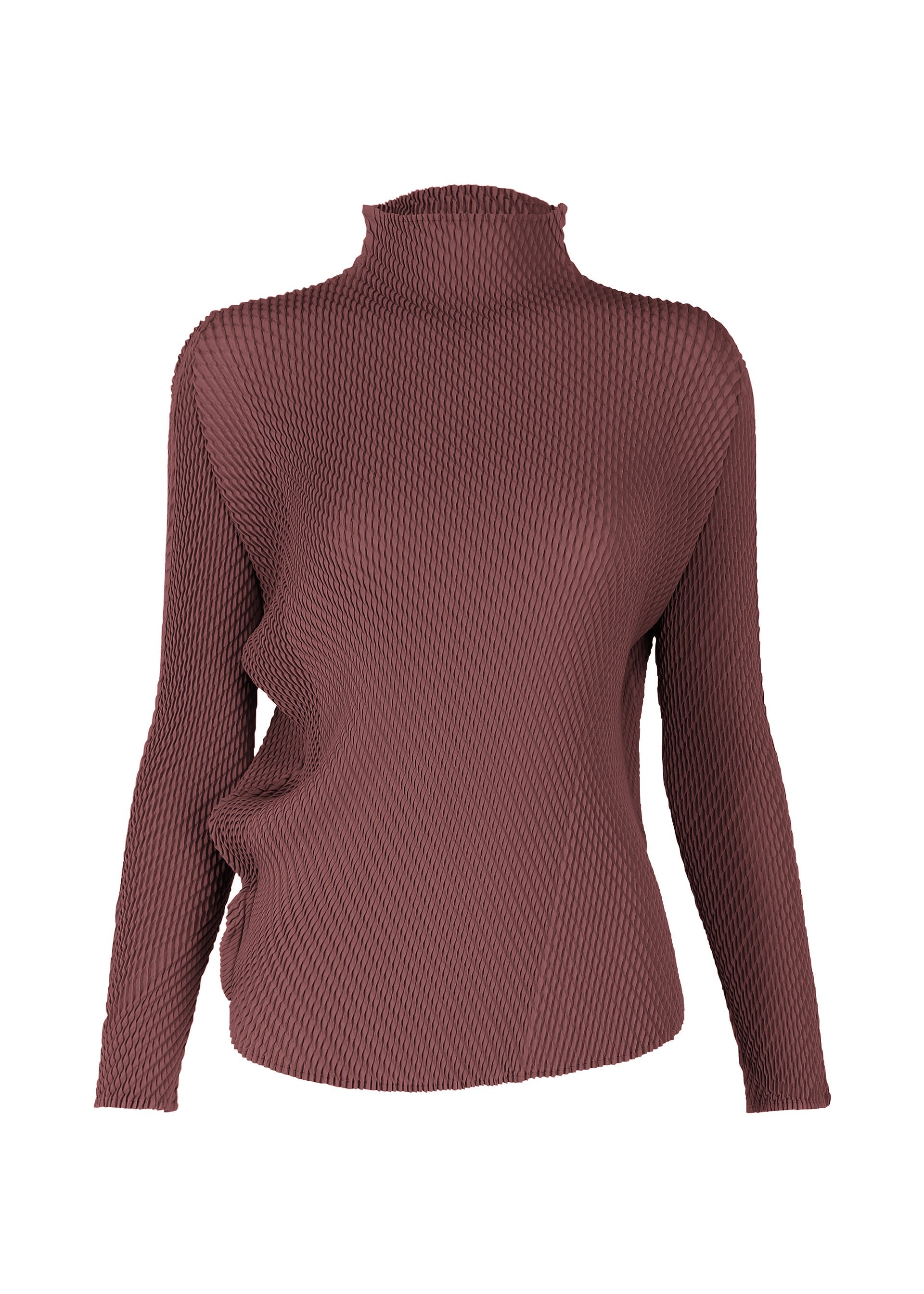A product shot of the ISSEY MIYAKE MISTY PLEATS shirt in burgundy.