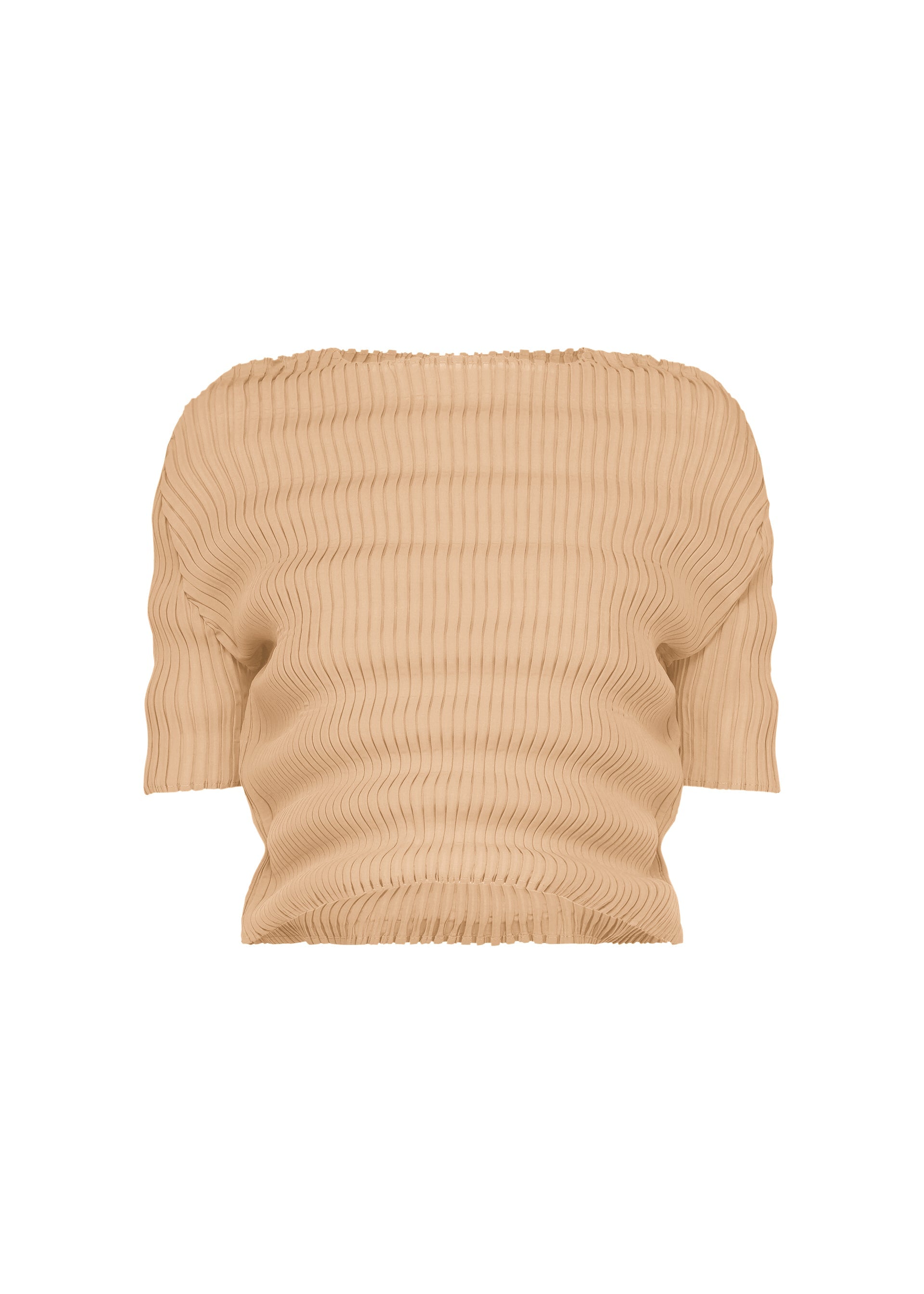 A product shot of the ISSEY MIYAKE SPRING PLEATS shirt in chukar beige.