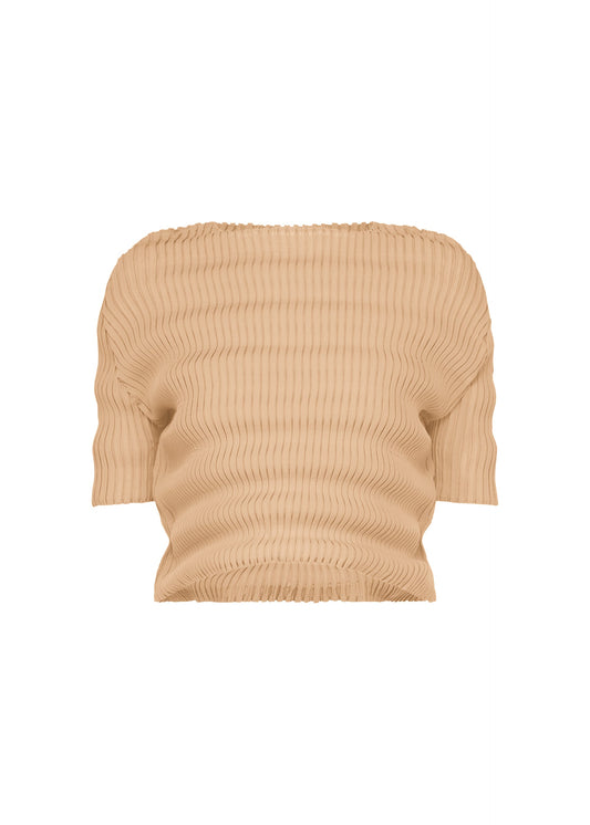 A product shot of the ISSEY MIYAKE SPRING PLEATS shirt in chukar beige.