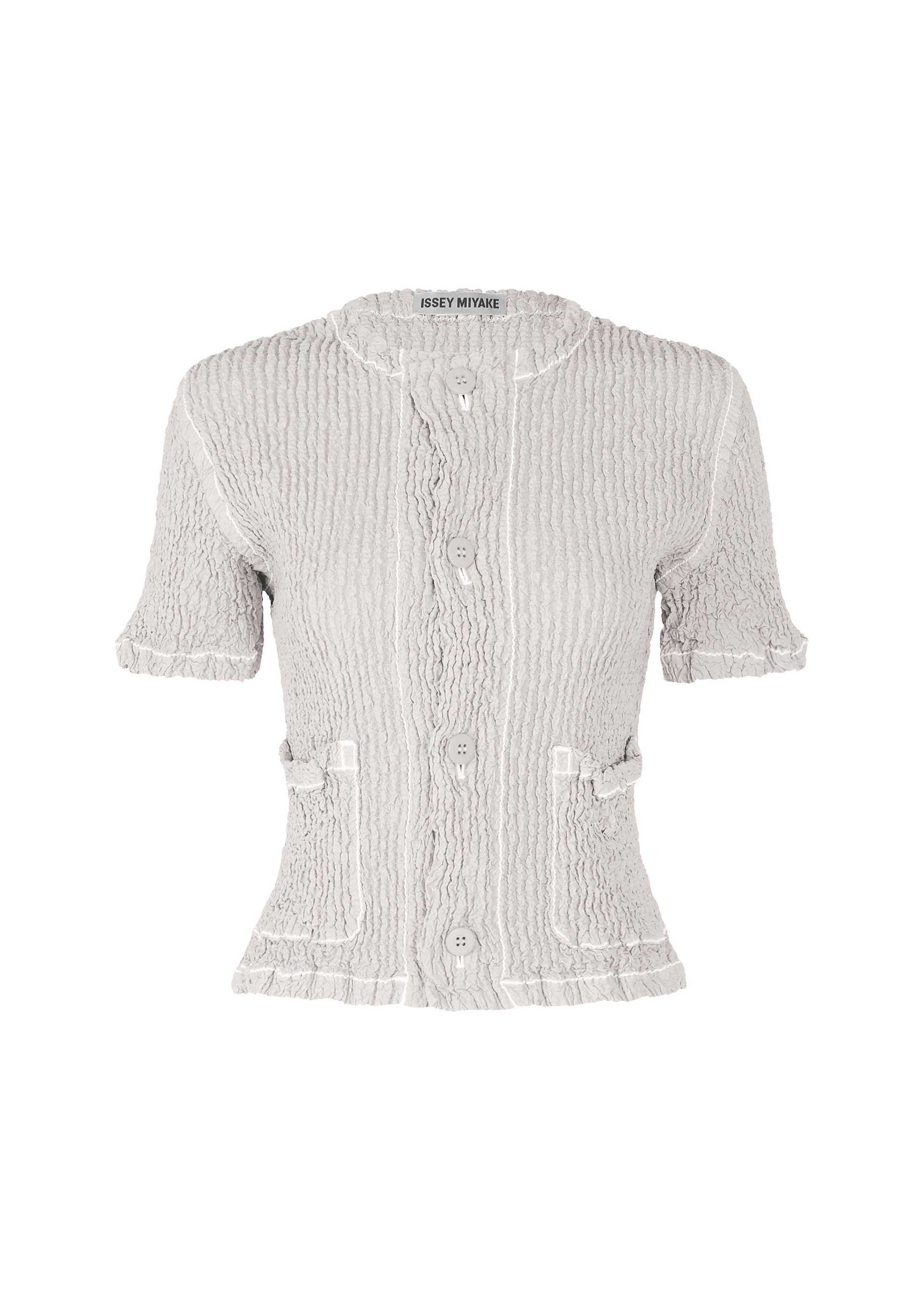 A product shot of the ISSEY MIYAKE WAVELET ENSEMBLE cardigan in grey (11), recurring_style.
