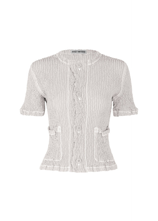 A product shot of the ISSEY MIYAKE WAVELET ENSEMBLE cardigan in grey (11), recurring_style.