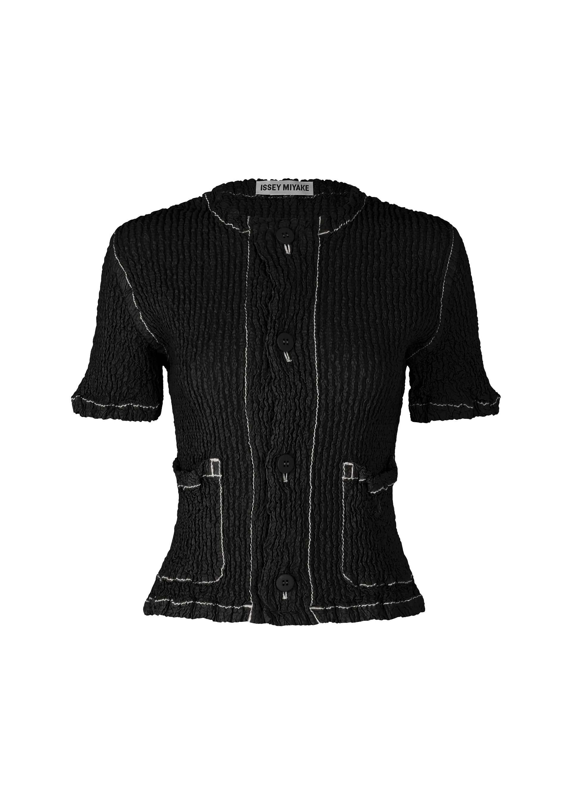 A product shot of the ISSEY MIYAKE WAVELET ENSEMBLE cardigan in black (15), recurring_style, restock.
