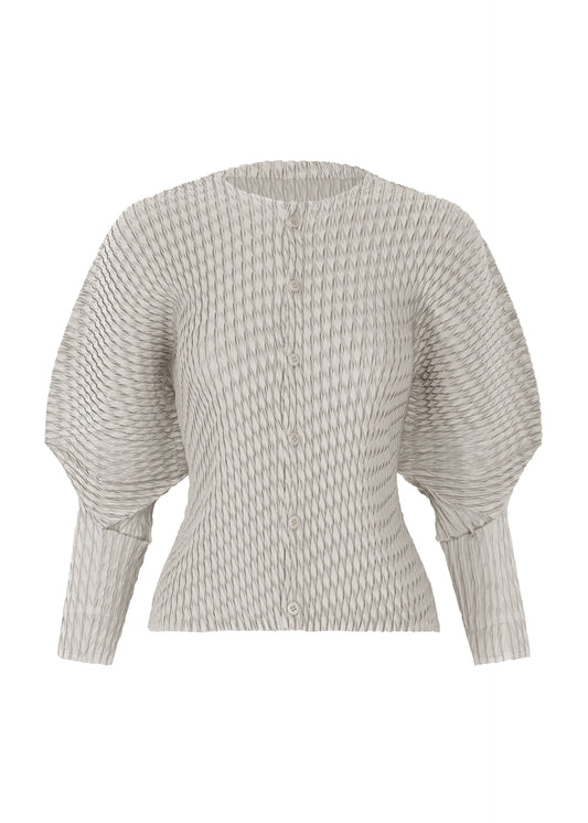 A product shot of the ISSEY MIYAKE SLEEK PLEATS cardigan in light gray.